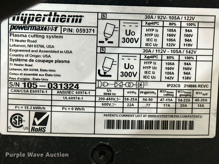 image for item ER8314 Hypertherm Powermax 105 plasma cutter
