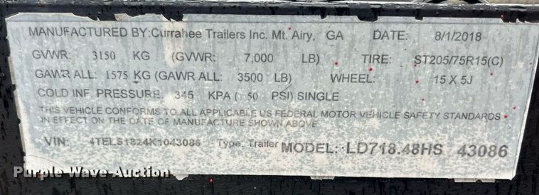 image for item MO9243 2019 Currahee Trailers LD718 48HS utility trailer