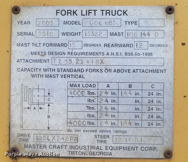 image for item DQ3805 2003 Master Craft MC06685 forklift