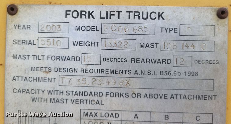 image for item DQ3805 2003 Master Craft MC06685 forklift