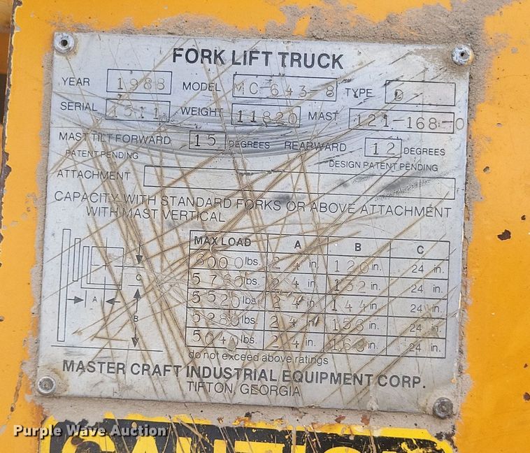 image for item DQ3808 1988 Master Craft MC-643-8 forklift