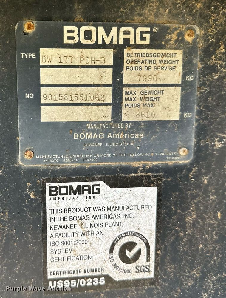 image for item DS3167 2005 Bomag BW177PDH-3 single drum vibratory roller