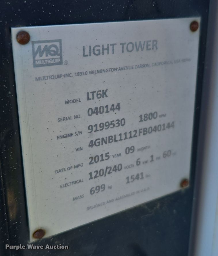 image for item DW3922 2015 Multiquip LT6K light plant