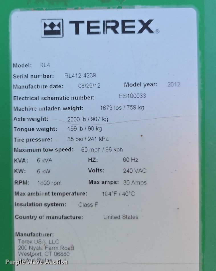 image for item DW3923 2012 Terex RL4 light plant