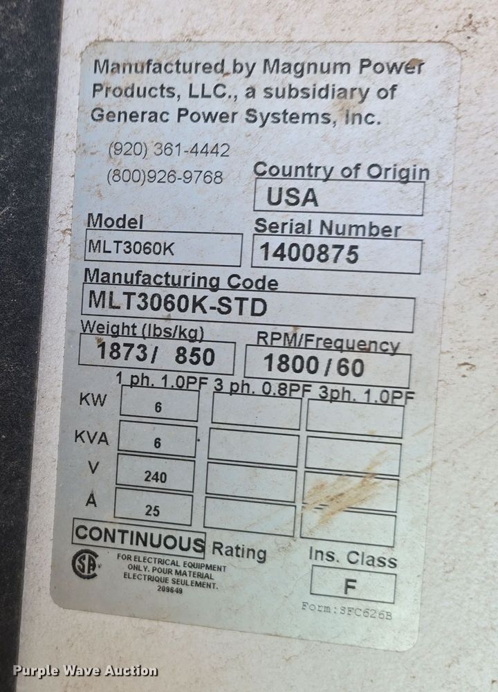image for item DW3924 2014 Magnum Power MLT3060K light plant