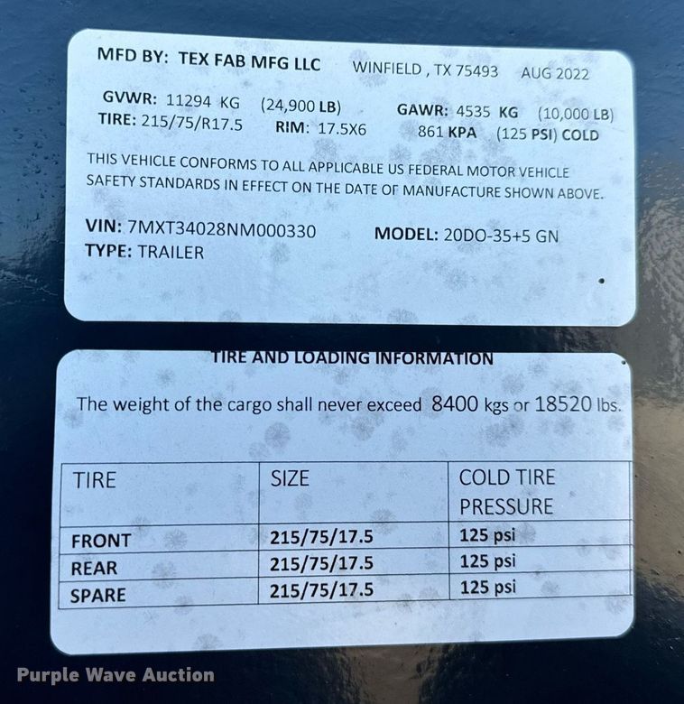 image for item EH7318 2022 Tex Fab Mfg LLC 20DO-35+5GN equipment trailer