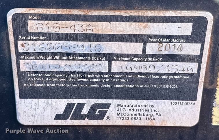 image for item EJ5160 2014 JLG G10-43A telehandler