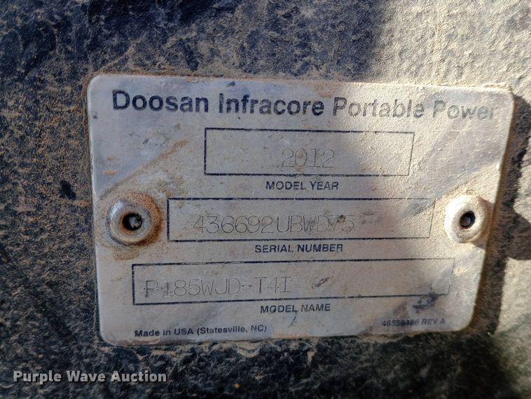 image for item EN8563 2012 Ingersoll Rand P185WJD air compressor