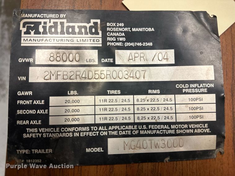 image for item ER5027 2005 Midland TW3000 side dump trailer