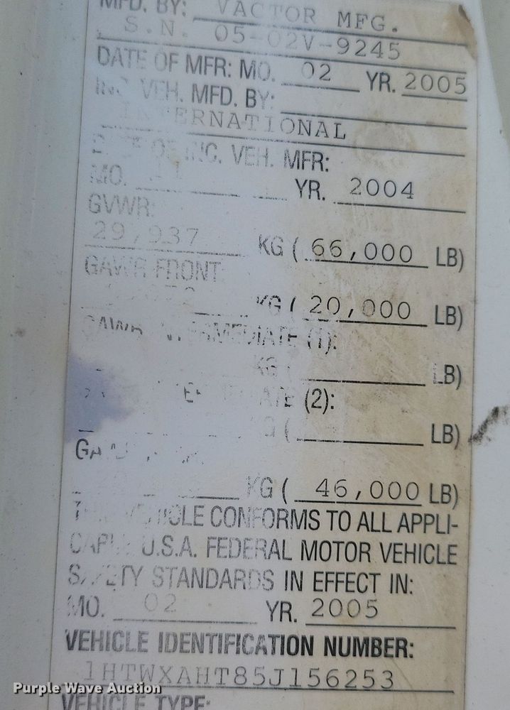 image for item KA9887 2005 International  7600 sewer rodder truck