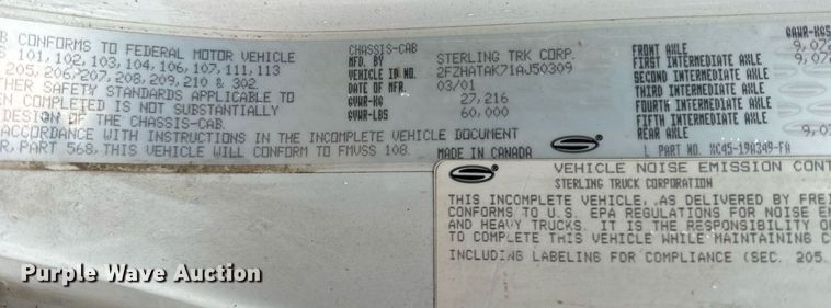 image for item OJ9878 2001 Sterling  L7500 sewer rodder truck