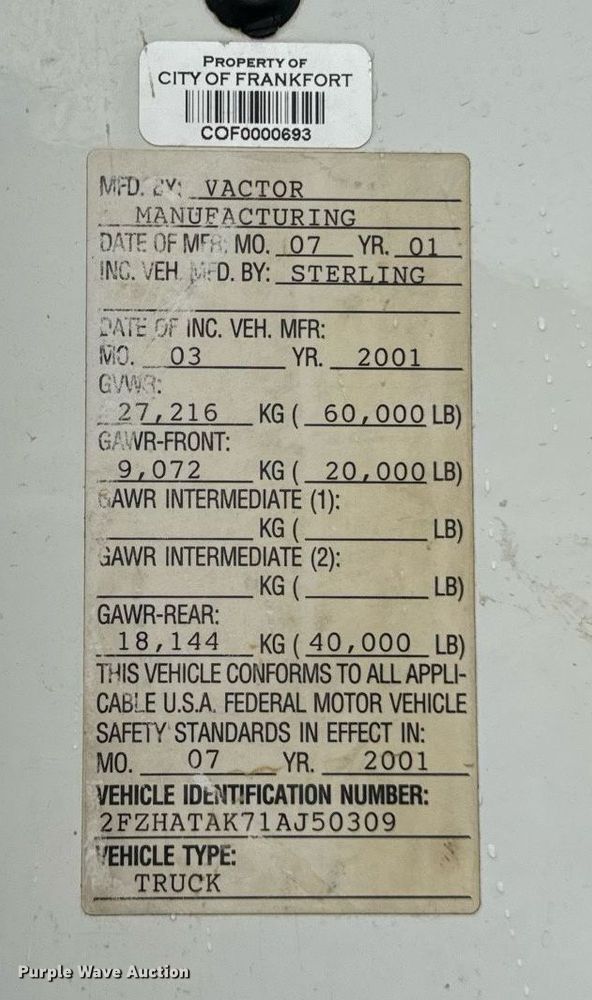 image for item OJ9878 2001 Sterling  L7500 sewer rodder truck