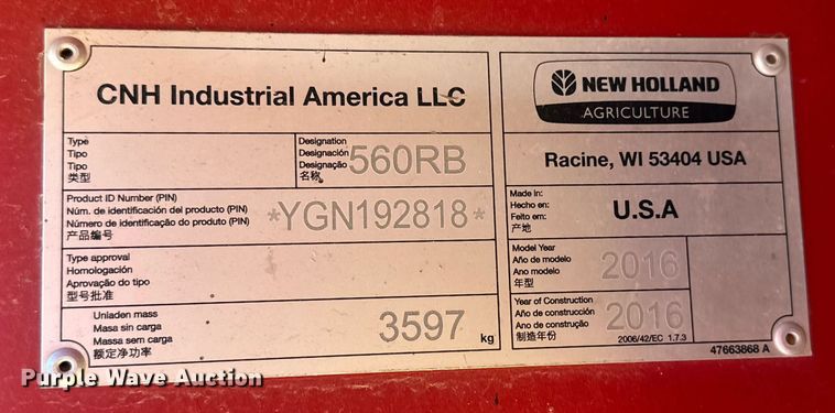 image for item DP6022 2016 New Holland Roll-Belt 560 round baler