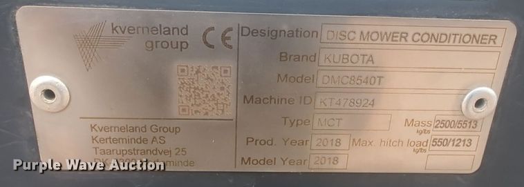 image for item ER1011 2018 Kubota DMC8540T windrower