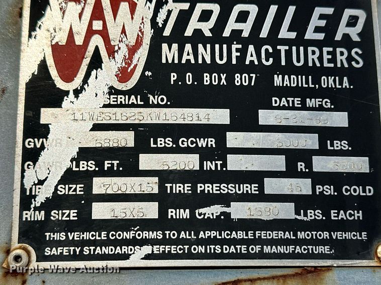 image for item ER8492 1989 WW livestock trailer