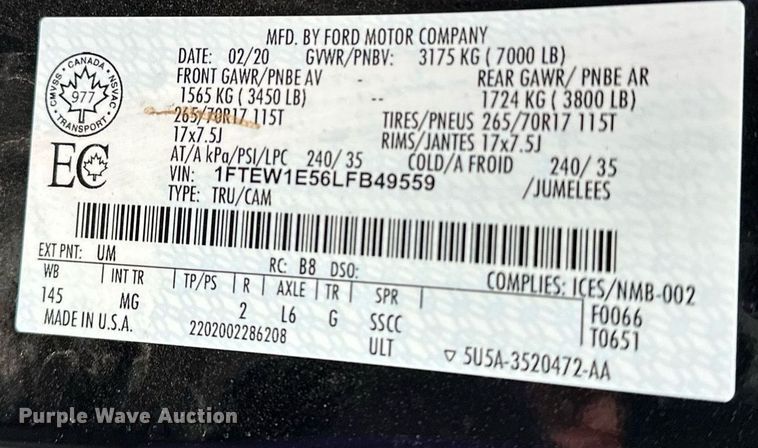 image for item DF8447 2020 Ford F150 SuperCrew pickup truck