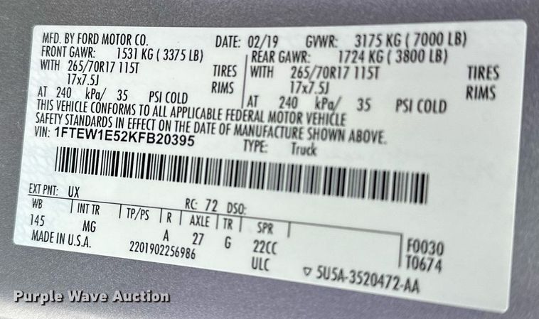 image for item DF8449 2019 Ford F150 SuperCrew pickup truck