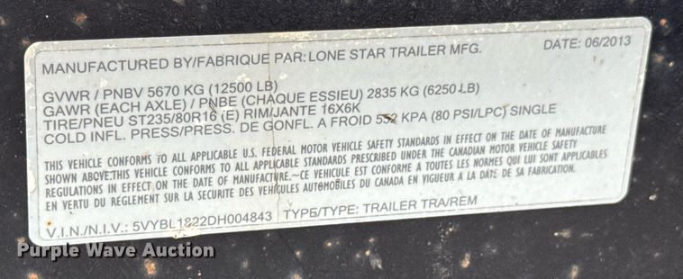 image for item DO0549 2013 Lone Star equipment trailer