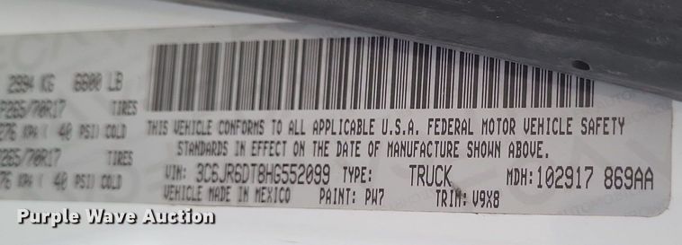 image for item DQ3825 2017 Dodge  Ram 1500 pickup truck