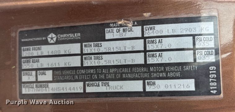image for item DS2548 1987 Dodge  Power Ram  pickup truck