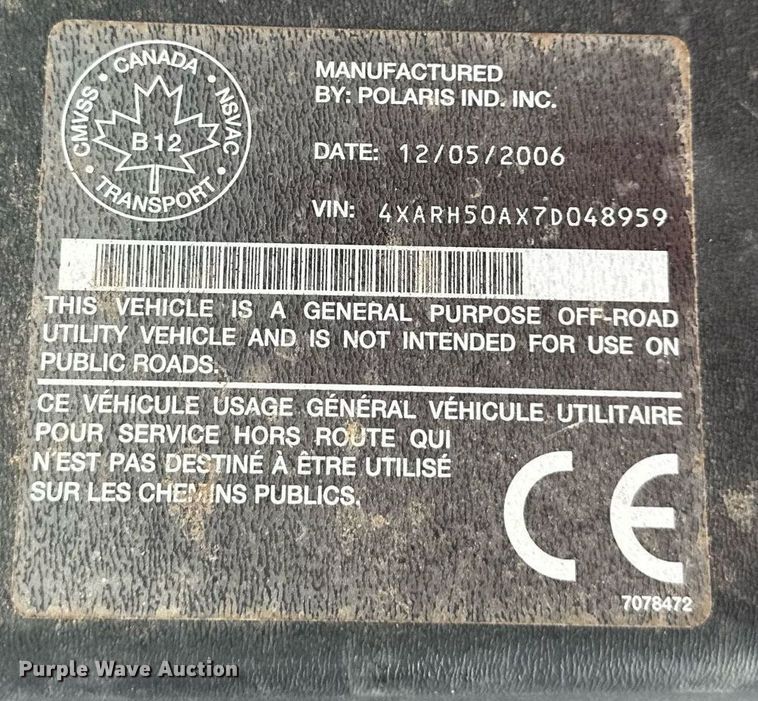 image for item DS3241 2007 Polaris Ranger 500 utility vehicle