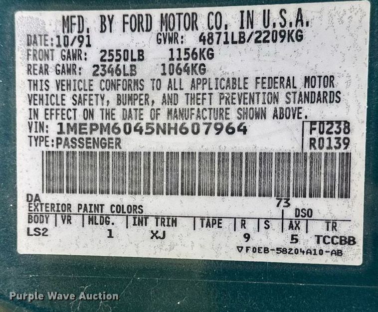 image for item DS3267 1992 Mercury Cougar 