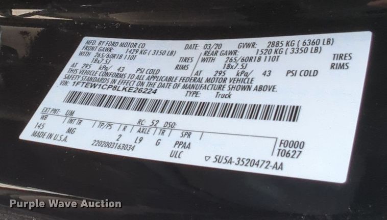 image for item DT6503 2020 Ford F150 SuperCrew pickup truck