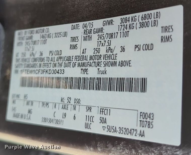 image for item DT6512 2015 Ford F150 SuperCrew pickup truck