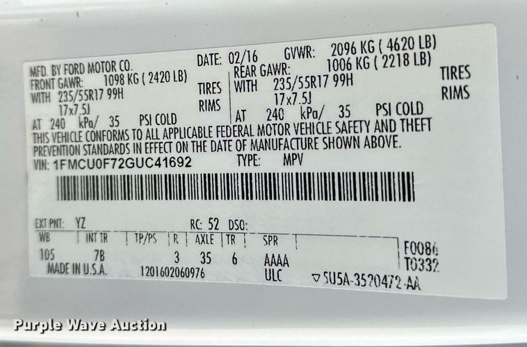 image for item DT6521 2016 Ford Escape SUV