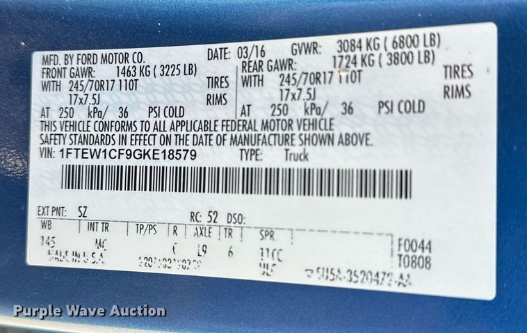 image for item DT6536 2016 Ford F150 SuperCrew pickup truck