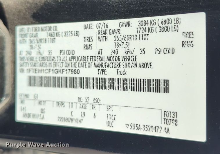 image for item DT6538 2016 Ford F150 SuperCrew pickup truck