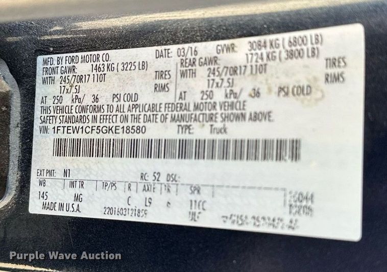 image for item DT6543 2016 Ford F150 SuperCrew pickup truck