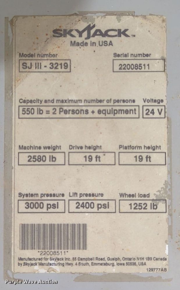 image for item DT6610 2008 Skyjack SJIII3219 scissor lift
