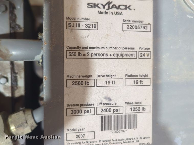 image for item DT6611 2007 Skyjack SJIII3219 scissor lift