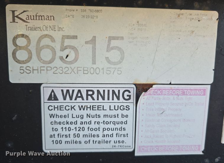 image for item DW3915 2015 Kaufman equipment trailer