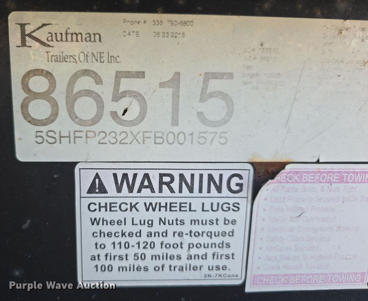 image for item DW3915 2015 Kaufman equipment trailer