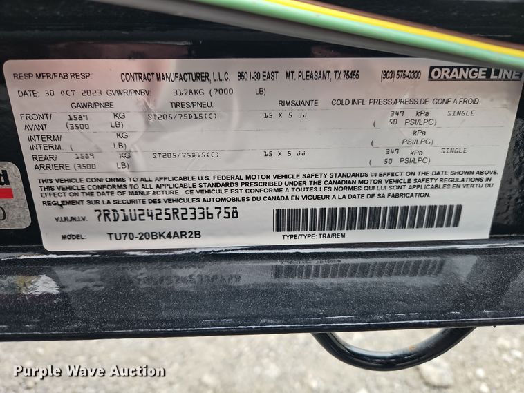 image for item EI8615 2024 Orange Line TU70-20BK4AR2B utility trailer