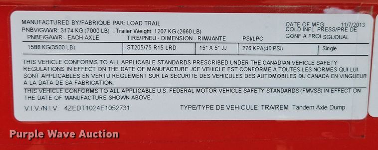 image for item EI8619 2014 Load Trail dump trailer