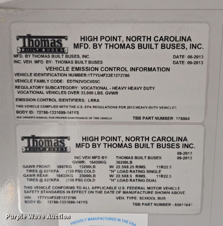 image for item EQ3689 2014 Thomas Built HDX school bus