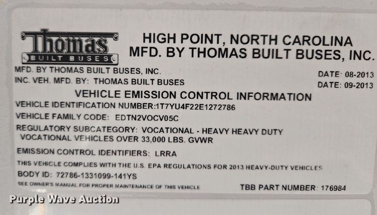 image for item EQ3689 2014 Thomas Built HDX school bus