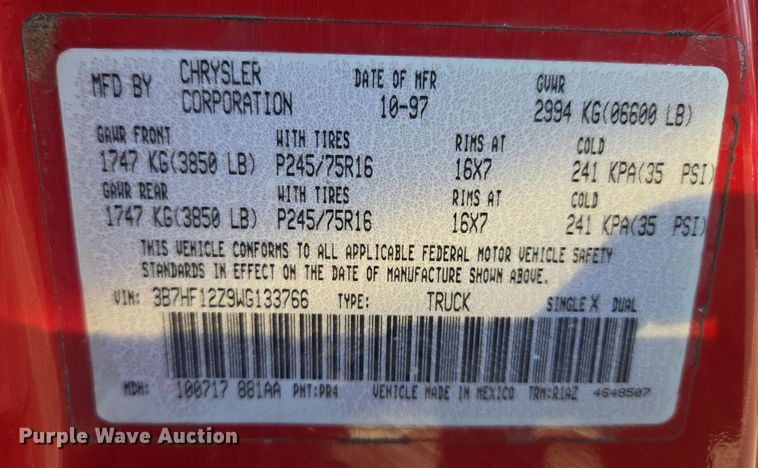 image for item EQ3723 1998 Dodge  Ram 1500 Club Cab pickup truck