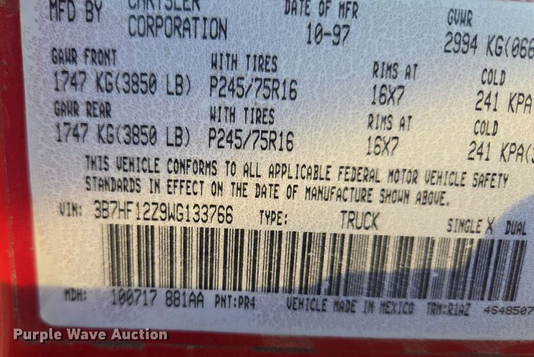 image for item EQ3723 1998 Dodge  Ram 1500 Club Cab pickup truck