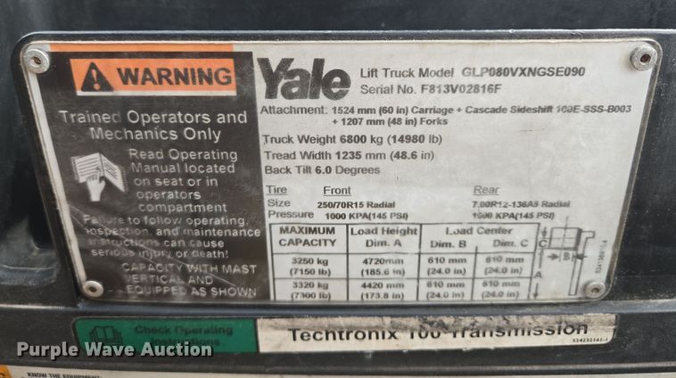 image for item EQ3774 Yale  GLP080VXNGSE090 forklift