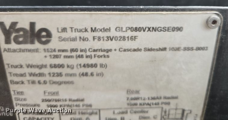 image for item EQ3774 Yale  GLP080VXNGSE090 forklift