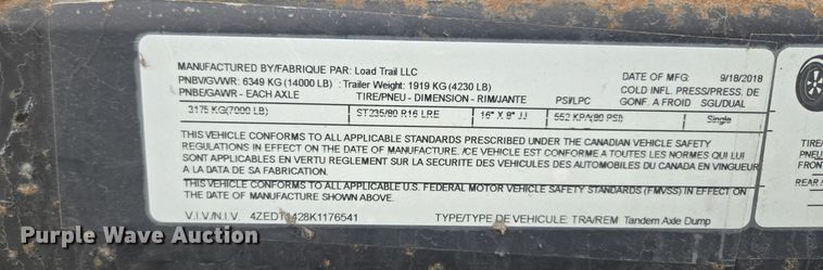 image for item EQ3777 2019 Load Trailer  dump trailer