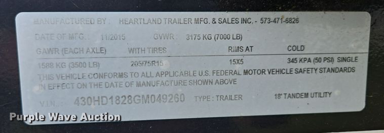 image for item EQ3780 2016 Heartland  utility trailer
