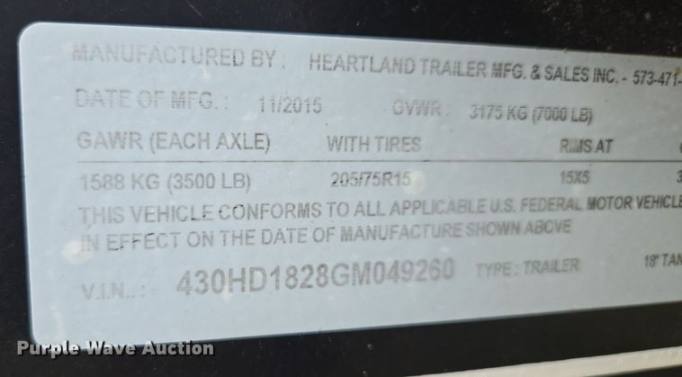 image for item EQ3780 2016 Heartland  utility trailer