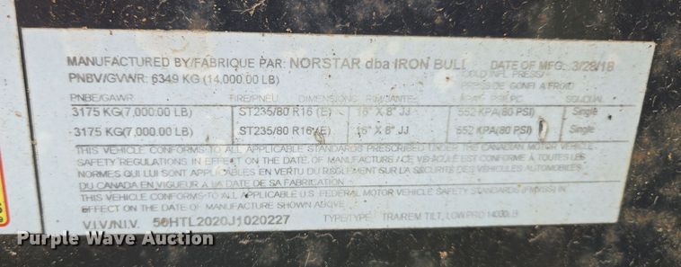 image for item EQ3782 2018 Ironbull tilt deck equipment trailer