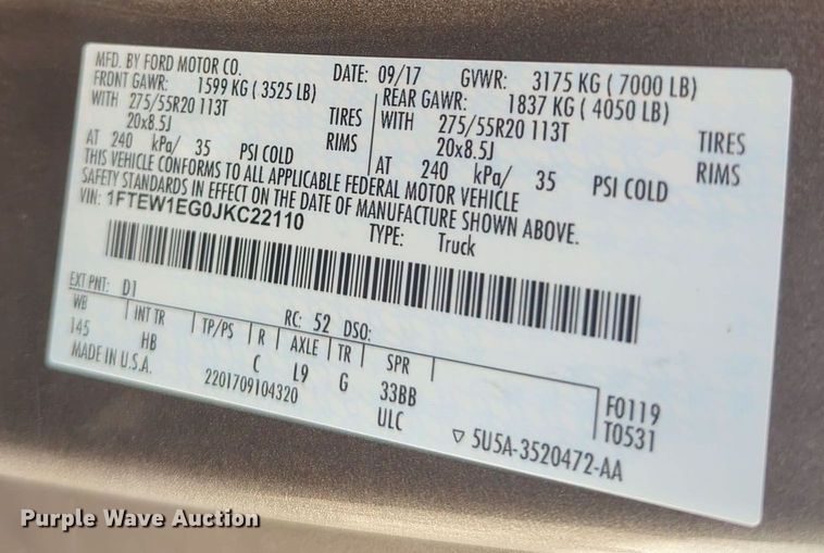 image for item ER4594 2018 Ford F150 SuperCrew pickup truck