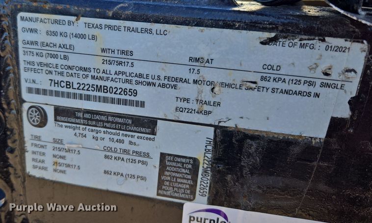 image for item ER5017 2021 Texas Pride EQ722214KBP equipment trailer